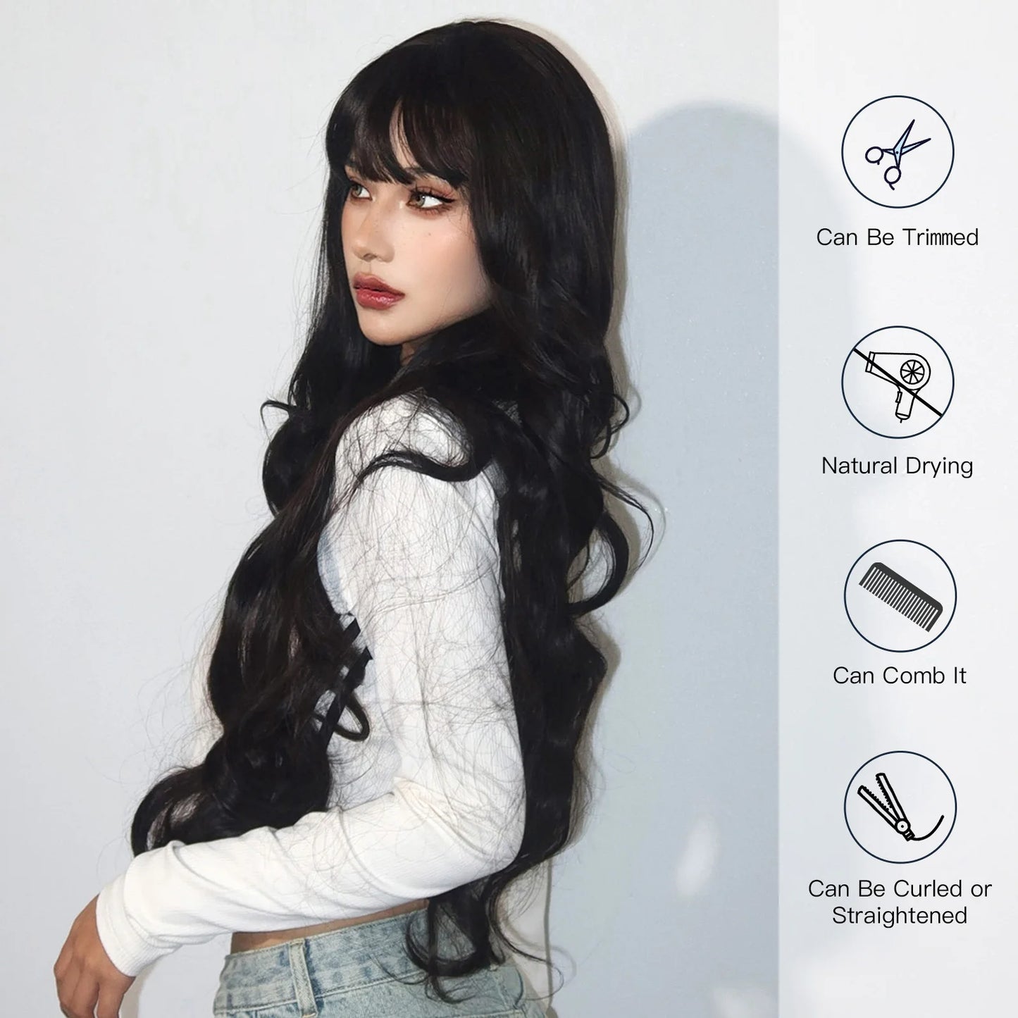 Super Long Black Wavy Synthetic Wigs with Bangs
