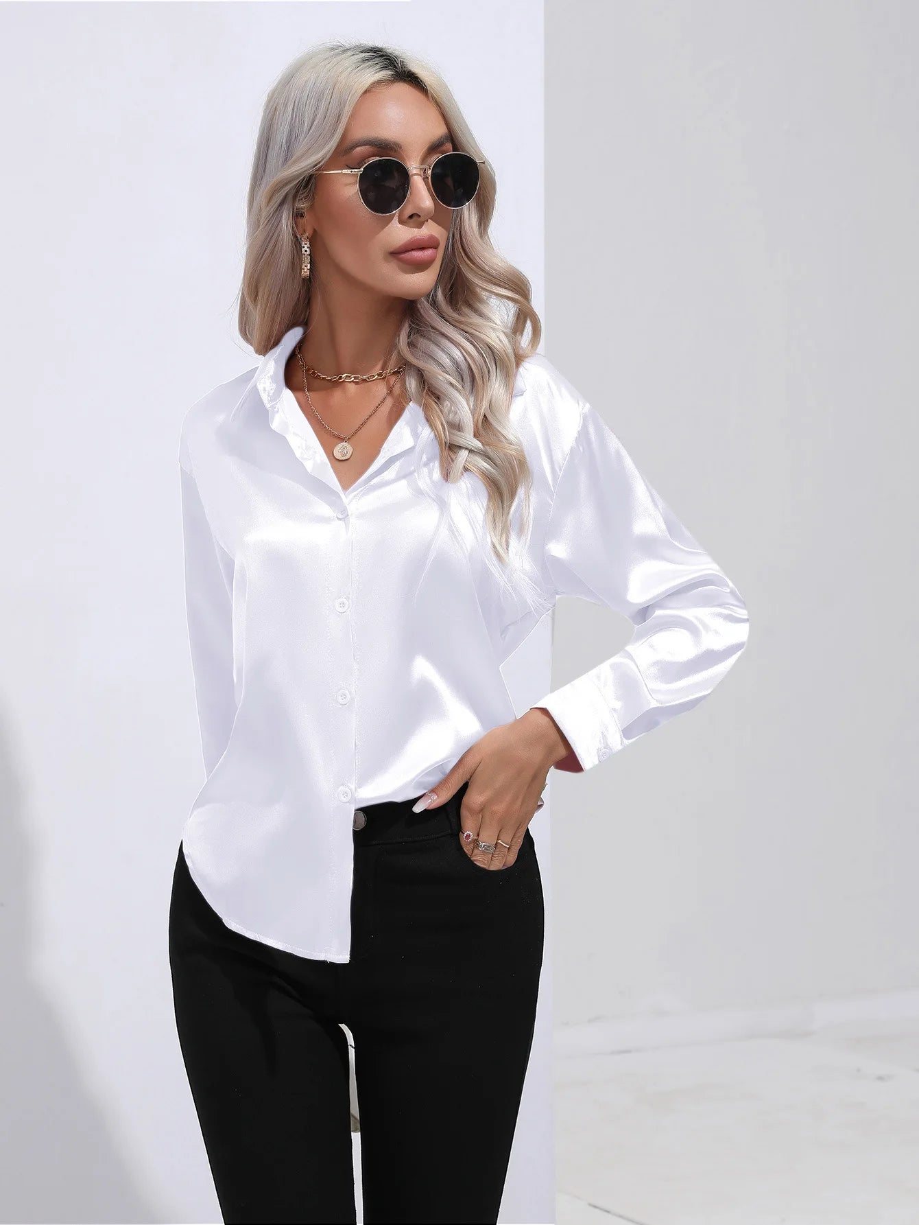 Satin Imitation Silk Long Sleeve Blouse