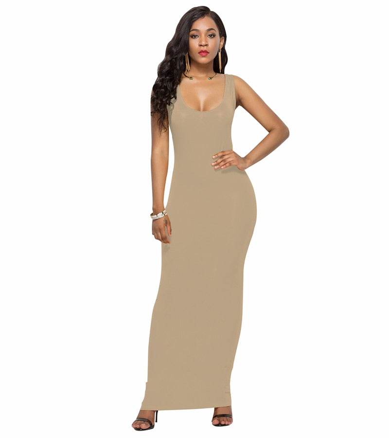 Elegant High Stretch Tank Robe Spring Summer Thin Long Dress O-neck Sleeveless
