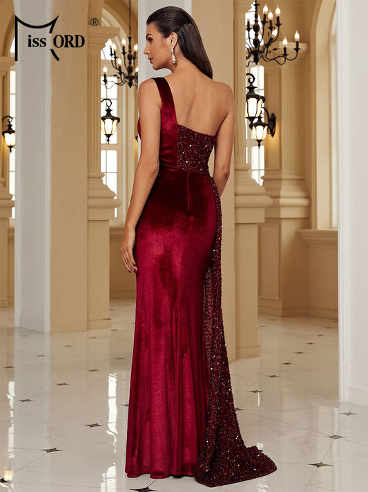 Sequined Velvet Elegance - One Shoulder Draped Gown