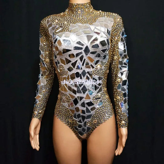 Sparkly Gold Rhinestones Mirrors Shining Bodysuit