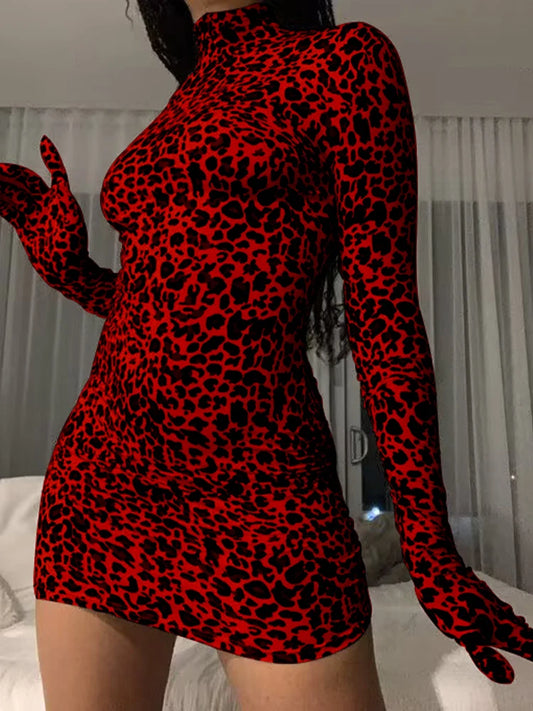 Long Sleeve Leopard Print Skinny Mini Dress With Gloves Bodycon Turtleneck