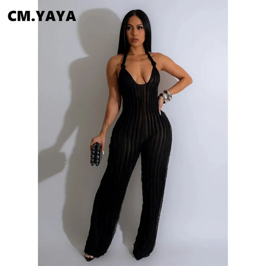 Fashion Ruffles Women Halter Deep V-neck Backless Wide Leg Jumpsuit