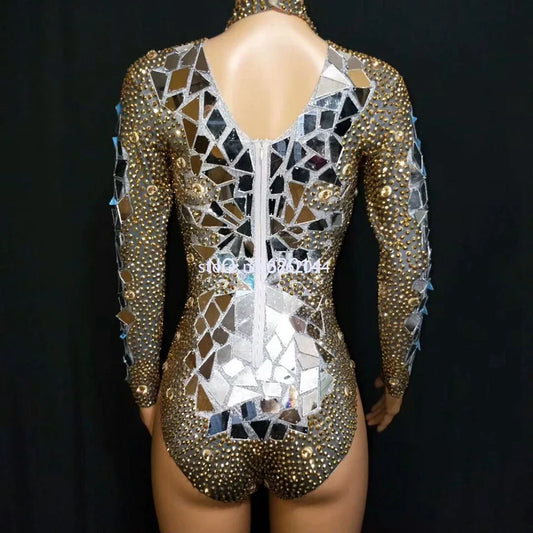 Sparkly Gold Rhinestones Mirrors Shining Bodysuit