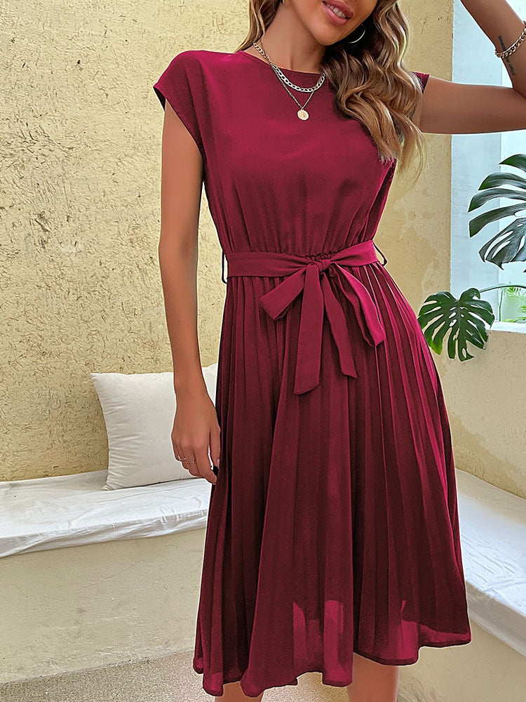 Sun-Kissed Elegance - Pleated O-Neck Midi Tunic