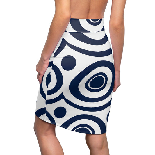 Womens Pencil Skirt, Navy Blue and White Circular Pattern