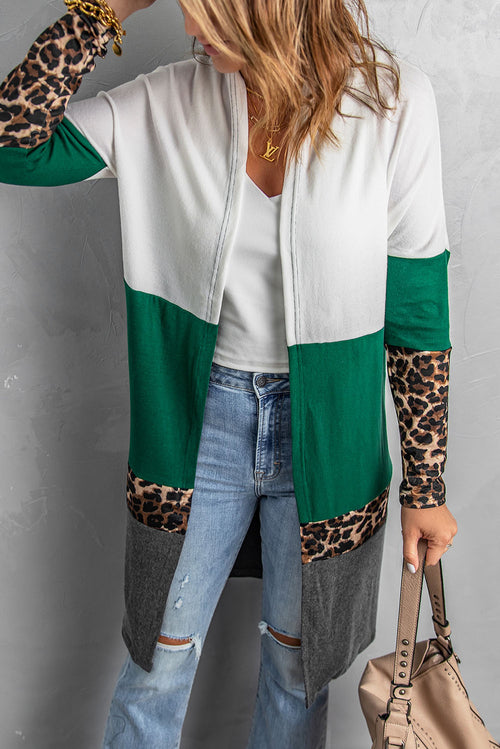 Colorblock Leopard Print Patchwork Knit Cardigan