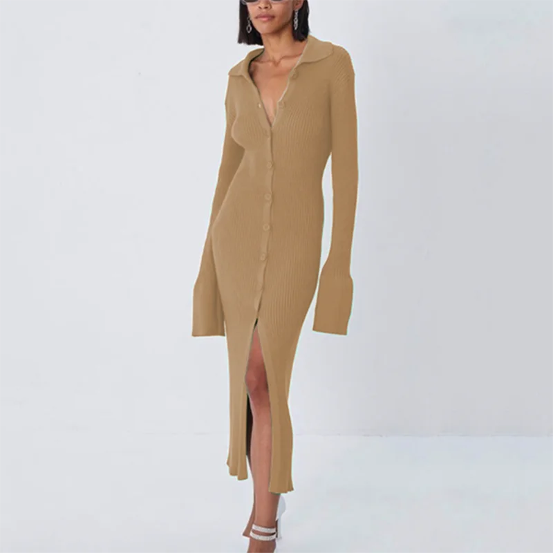 Winter Dress Women Knitted Slim Green Dress Sweater Long Sleeve Bodycon Dress Button Casual Y2k Club Party Dresses