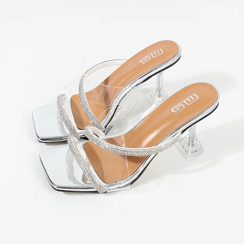 Rhinestone Belt Transparent Horseshoe Heel Slippers