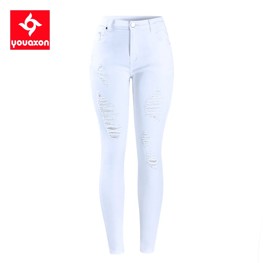 White Curvy Jeans Mid High Waist Stretch Denim Pants Ripped Skinny Jeans