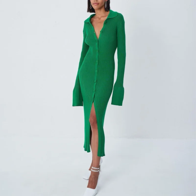 Winter Dress Women Knitted Slim Green Dress Sweater Long Sleeve Bodycon Dress Button Casual Y2k Club Party Dresses