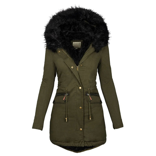 Women Winter Long Jacket Casual Thick Warm Faux Fur Plush Hooded Fur