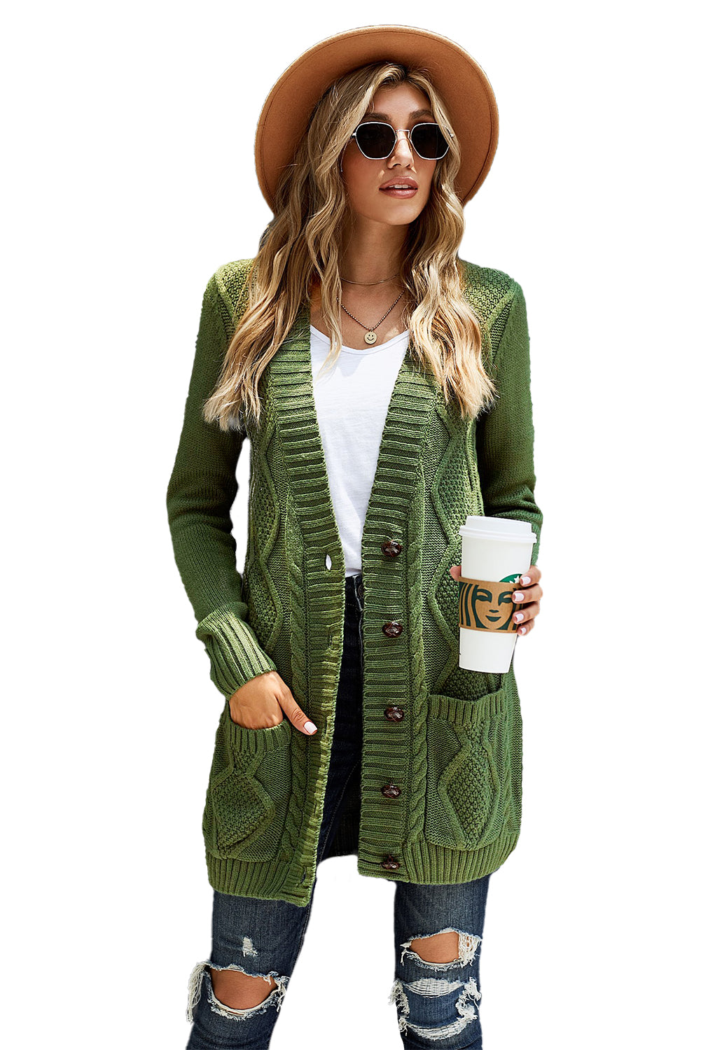 Green Front Pocket and Buttons Closure Cardigan