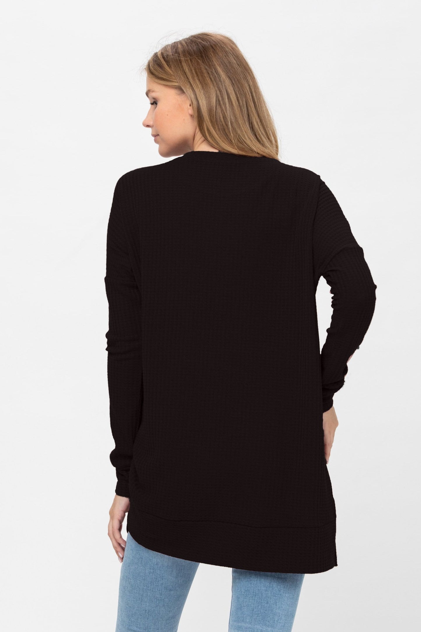 Long Sleeve Waffle Knit Sweater Round Neck Solid Color Pullover Dress