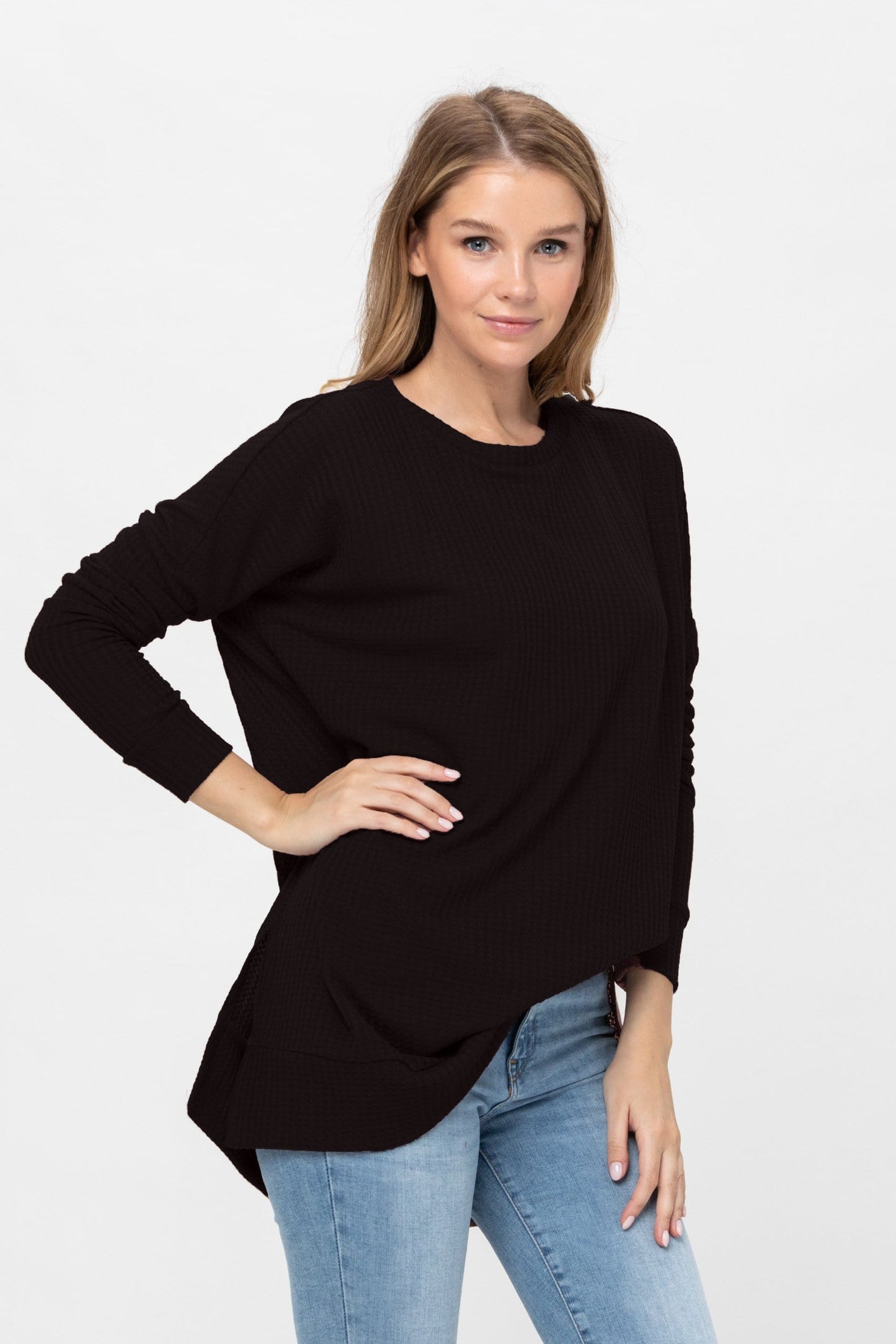 Long Sleeve Waffle Knit Sweater Round Neck Solid Color Pullover Dress