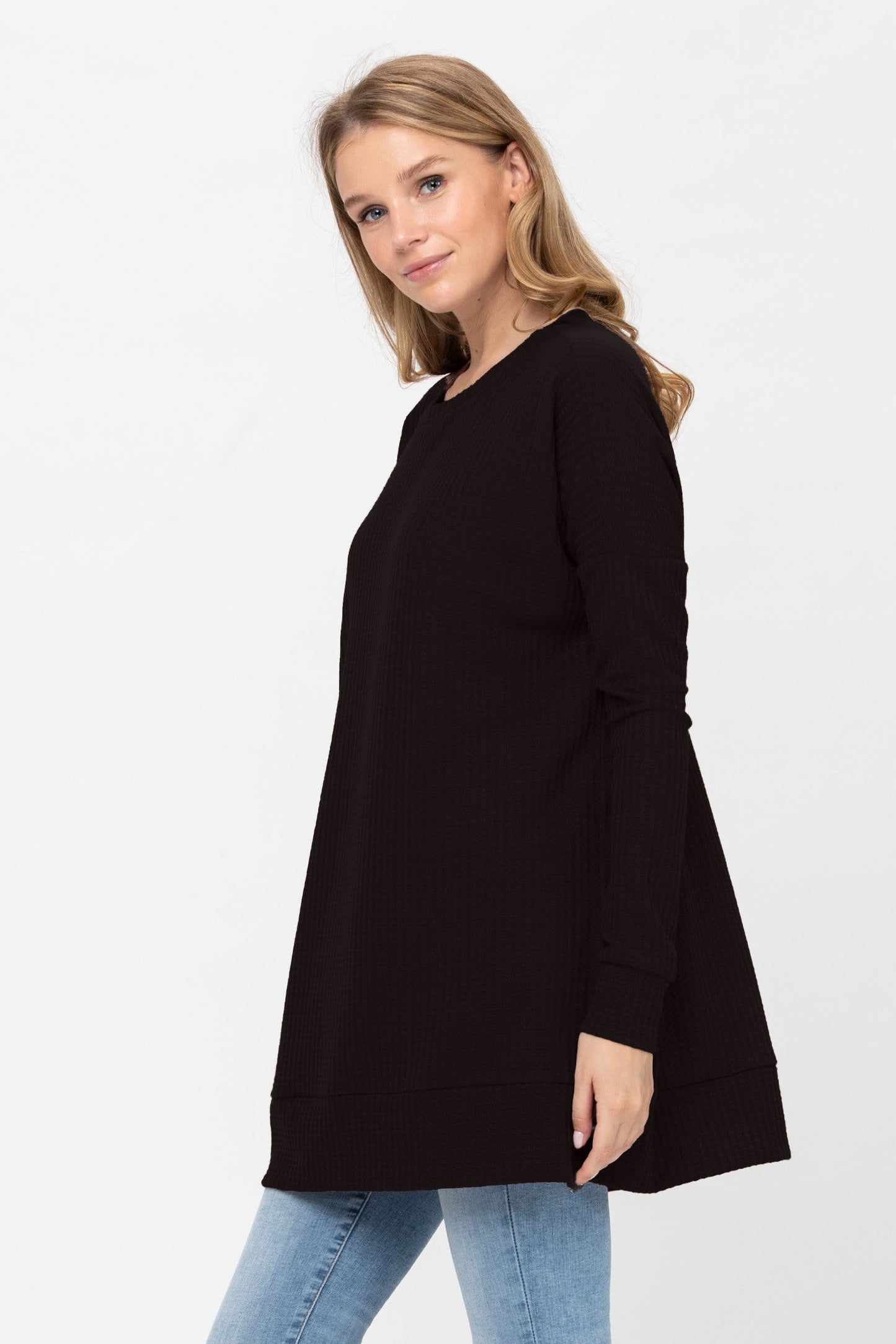 Long Sleeve Waffle Knit Sweater Round Neck Solid Color Pullover Dress