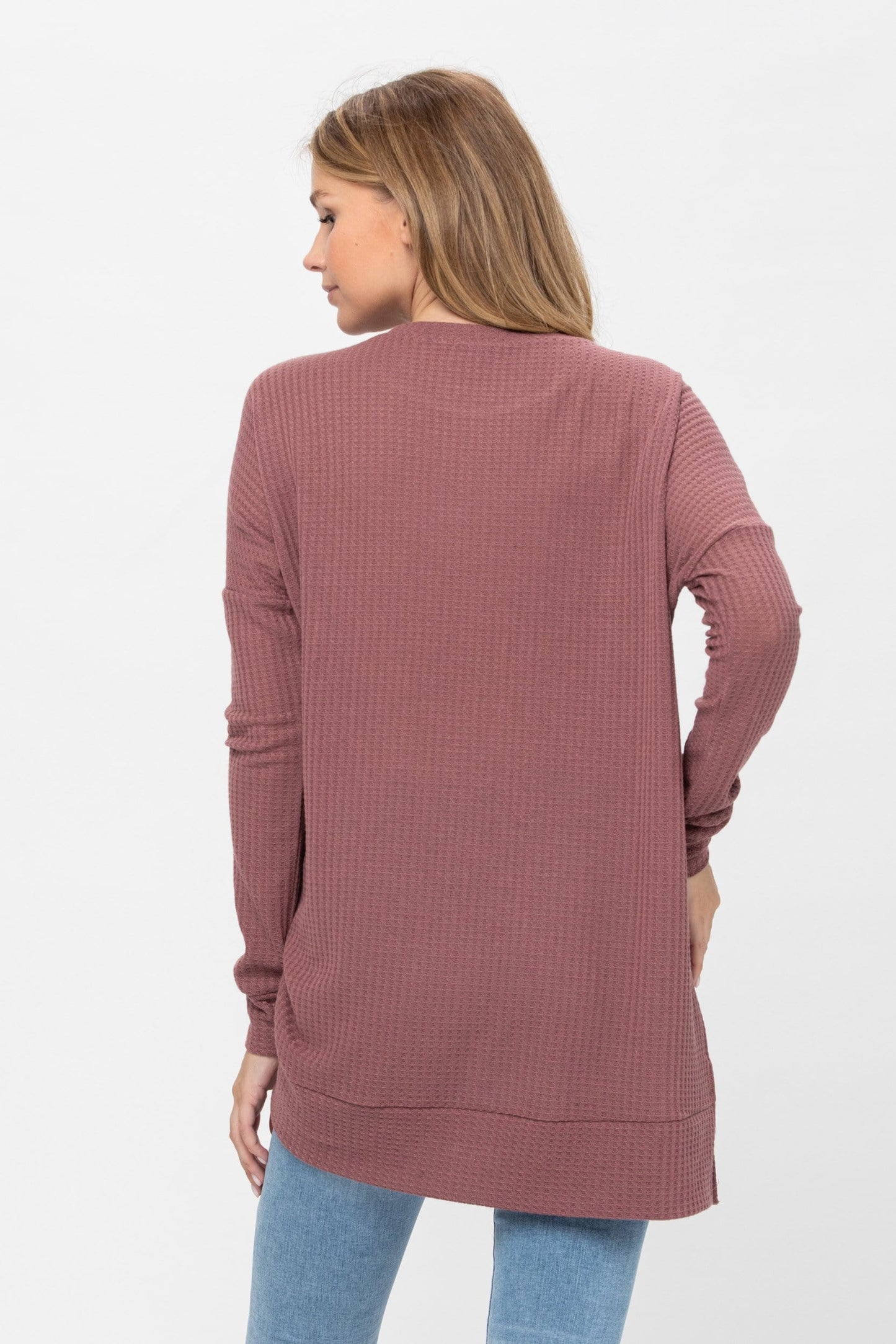 Long Sleeve Waffle Knit Sweater Round Neck Solid Color Pullover Dress