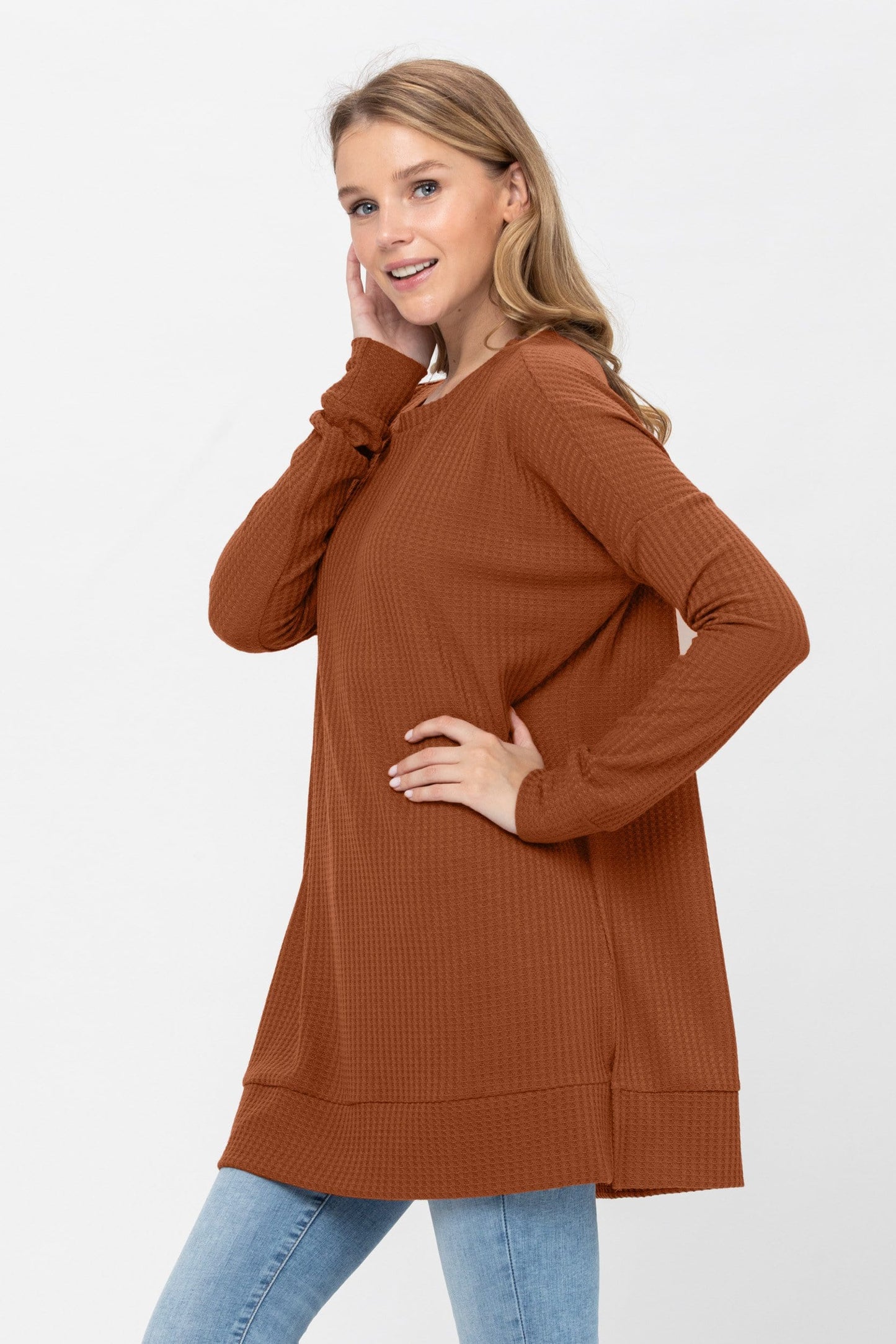 Long Sleeve Waffle Knit Sweater Round Neck Solid Color Pullover Dress