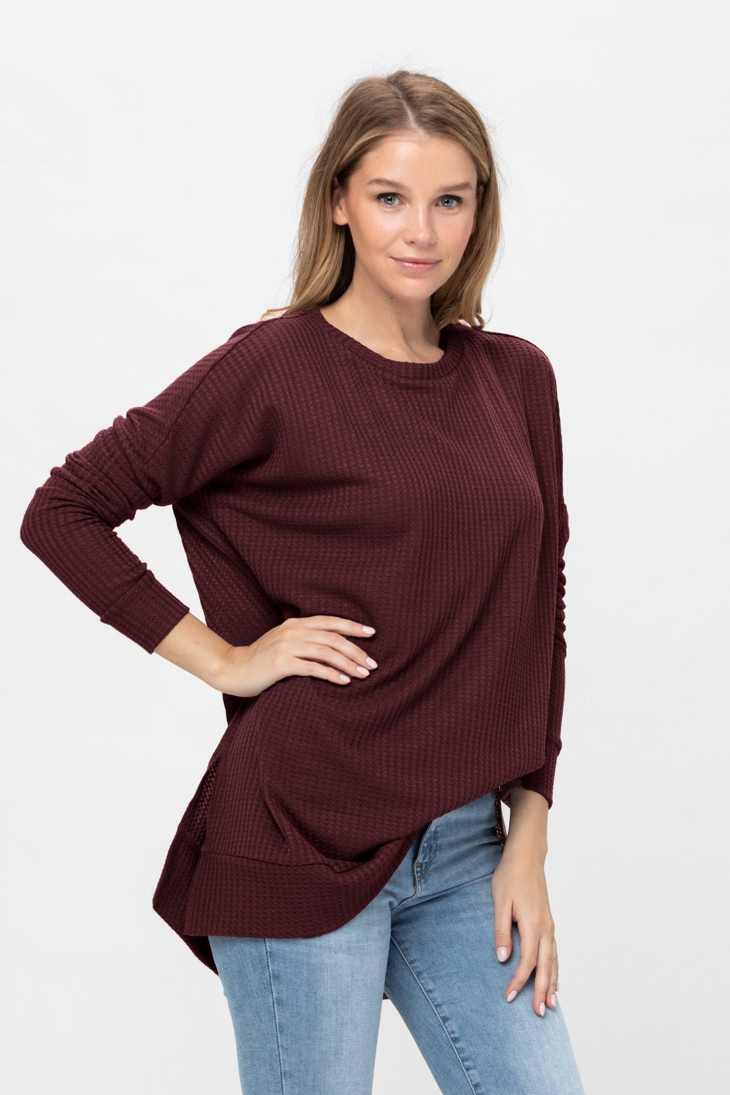 Long Sleeve Waffle Knit Sweater Round Neck Solid Color Pullover Dress