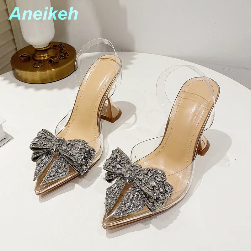 High Heel Ankle Slingbacks Buckle Strap Pointed Toe Butterfly-Knot Decoration Pumps