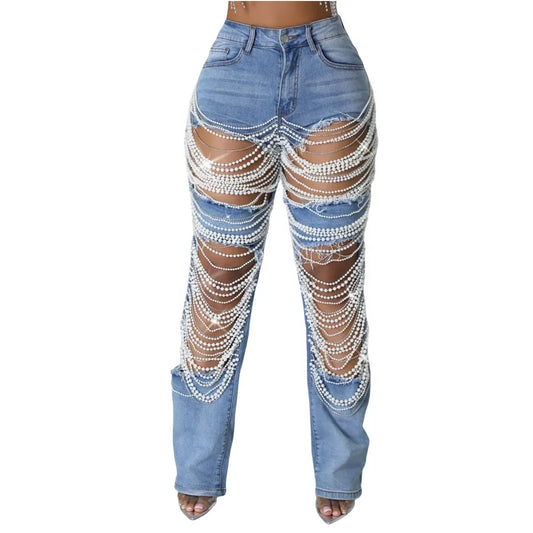 Women Fashion Pearl Beading Ripped Hollow Out Tassel Wide Leg Jeans 2024 New Summer INS Street Denim Pants Trousers