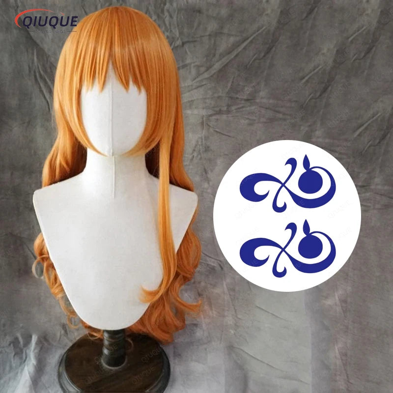 High Quality Adult Nami Cosplay Wig 75cm Long Curly Wavy Orange Heat Resistant Hair + Wig Cap