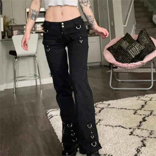 Flare Jeans Women Aesthetic Dark Pants Academia Vintage Streetwear Punk Womens Work Pants Office Casual Petite