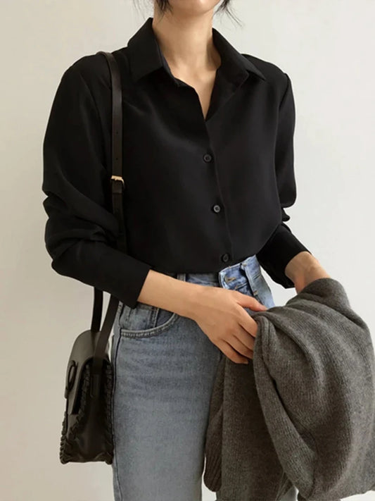 Solid Black Chiffon Long Sleeve Blouse