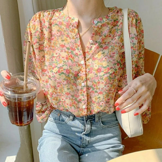 Elegant Print Chiffon Blouse Spring Summer Casual Long Sleeve V Neck