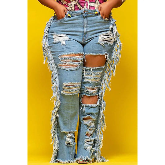 Plus Size Plain Jeans Hole Tassel