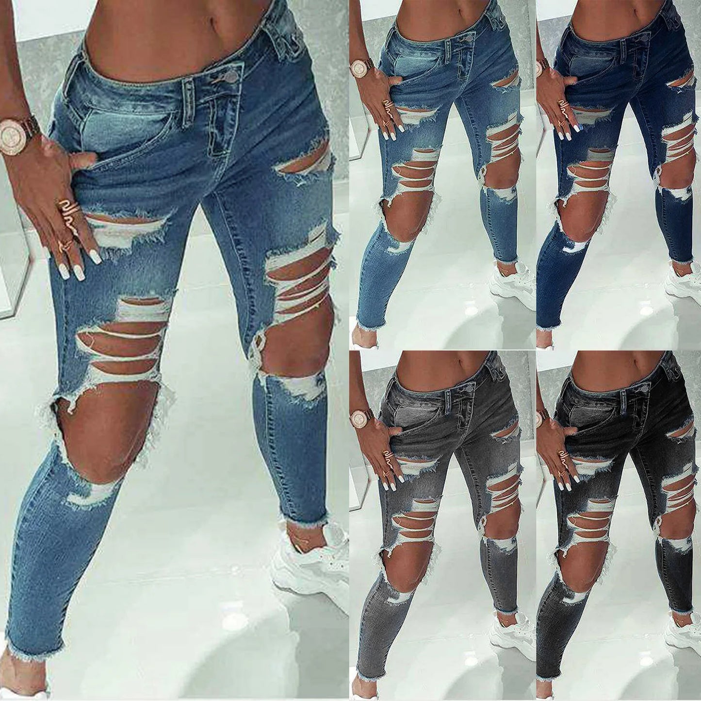 Women Fashion Mid Waist Boyfriend Big Ripped Hole Jeans Casual High Street Denim Pants Sexy Vintage Pencil Jeans