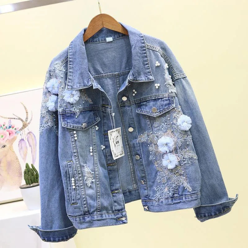 Denim Jacket Embroidery Three-dimensional Floral Jeans Jacket Beading Pearl Ripped Hole Bomber