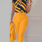 Two Piece Set Suits  Printed Ruffle Sleeve Top Solid Color Pants Set With Belt  Blouses