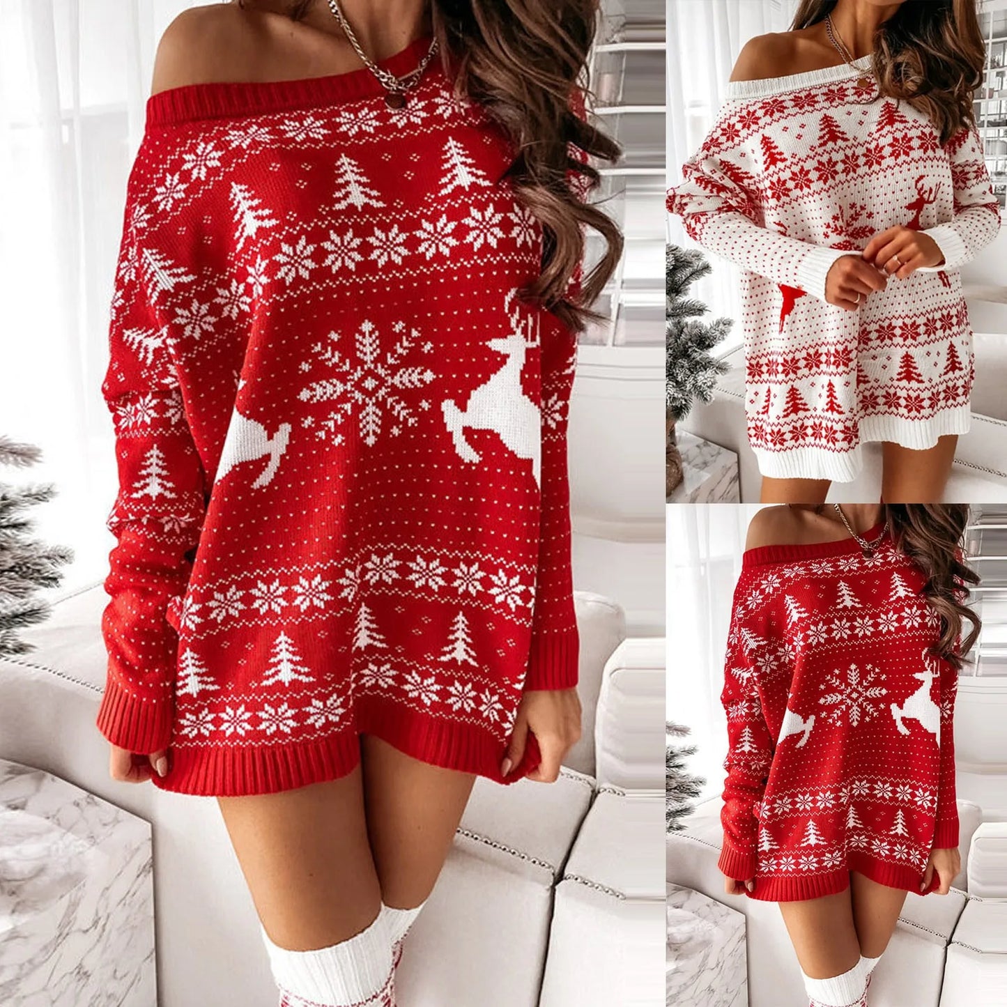 Christmas Sweater Knitted Round Neck Long Sleeve Oversized Thick Sweater Dress Sexy Printed Casual Loose Mini Dress