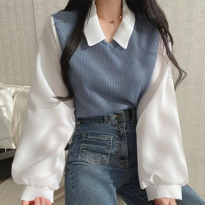 Polo Collar False Two-piece Blouse