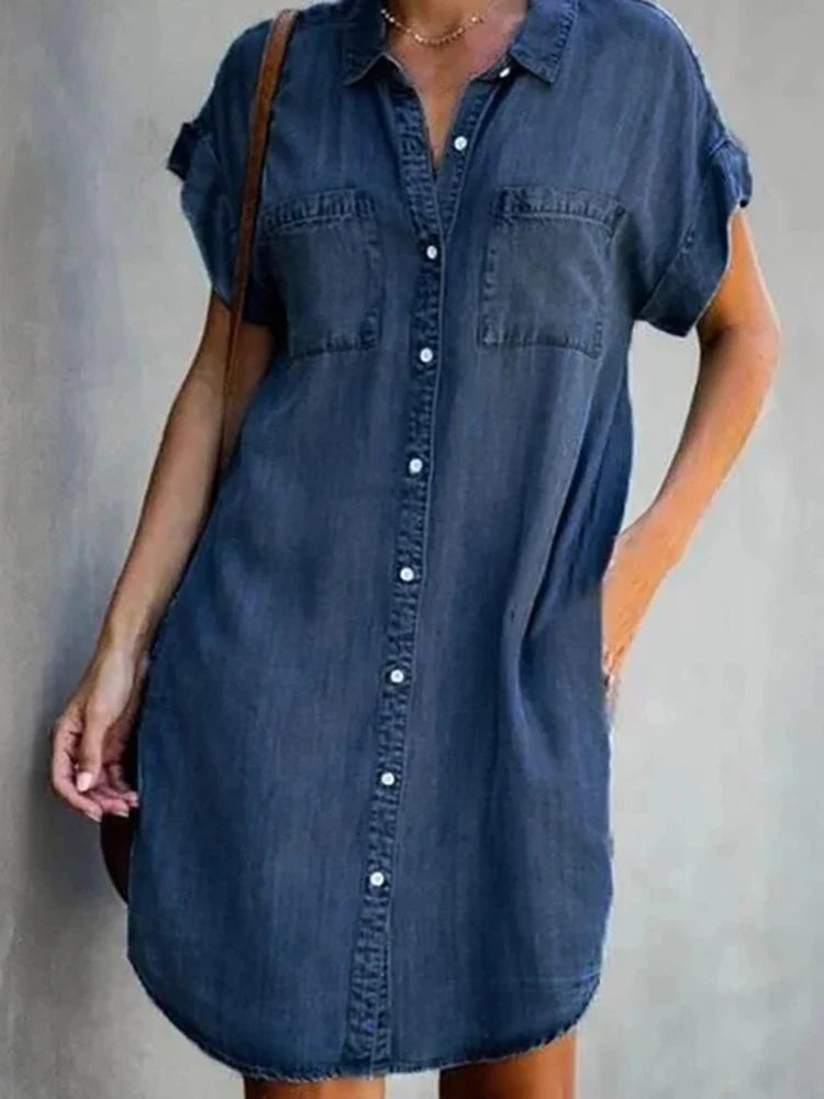 Denim Shirt Dresses Short Sleeve Distressed Jean Dress Button Down Casual Tunic Top