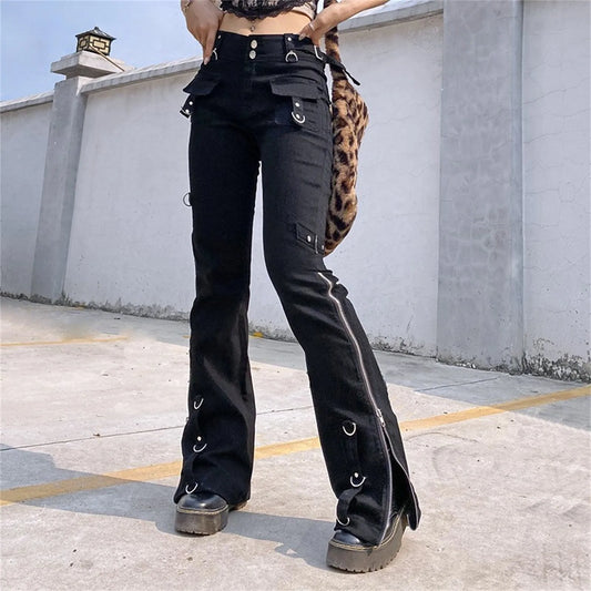 Flare Jeans Women Aesthetic Dark Pants Academia Vintage Streetwear Punk Womens Work Pants Office Casual Petite