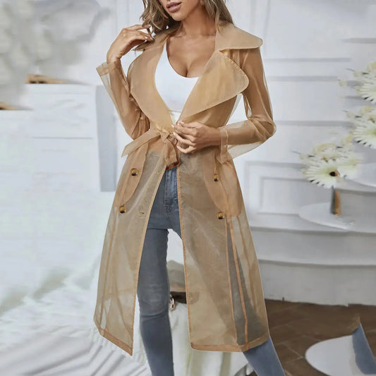 Jackets For Womens Mesh Transparent Overcoat Long Sleeve Buttoned Coat