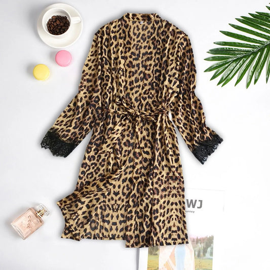 Leopard Print Lace Long Robe Satin Silk Pajamas Women Nightdress Lingerie Robes Underwear Sleepwear Sexy