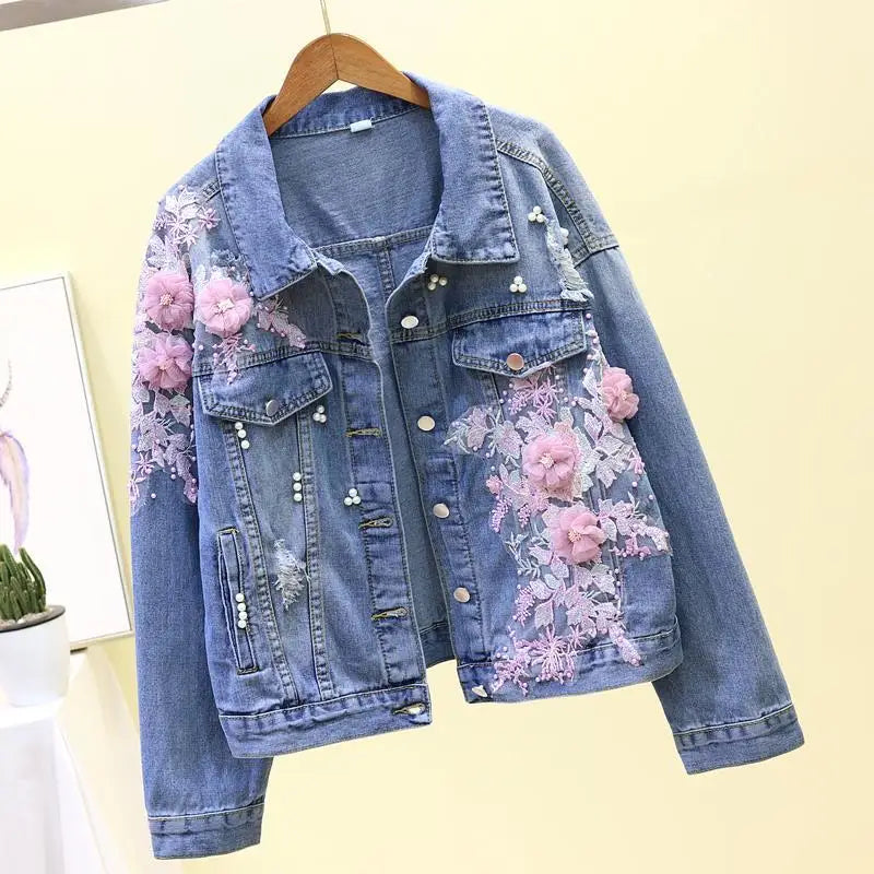 Denim Jacket Embroidery Three-dimensional Floral Jeans Jacket Beading Pearl Ripped Hole Bomber