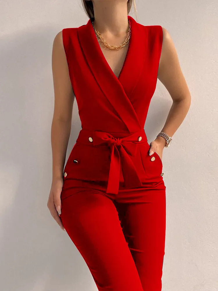 Casual V Neck Jumpsuits Button Lace Up Sleeveless Wide Leg Pants Streetwear Overalls Jumpsuit