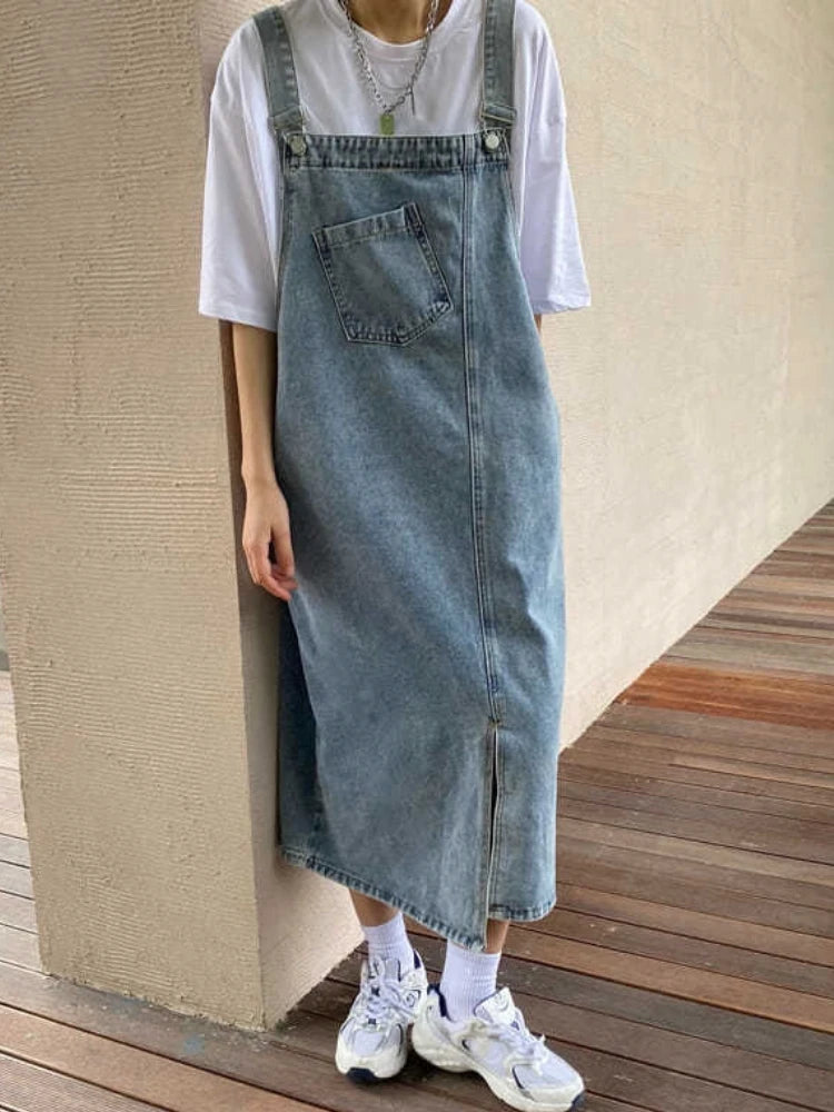 Denim Overall Dress Women Sleeveless Jeans Dresses Fashion Female Solid Slip Casual Loose Spaghetti Strap Dresses