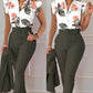 Two Piece Set Suits  Printed Ruffle Sleeve Top Solid Color Pants Set With Belt  Blouses