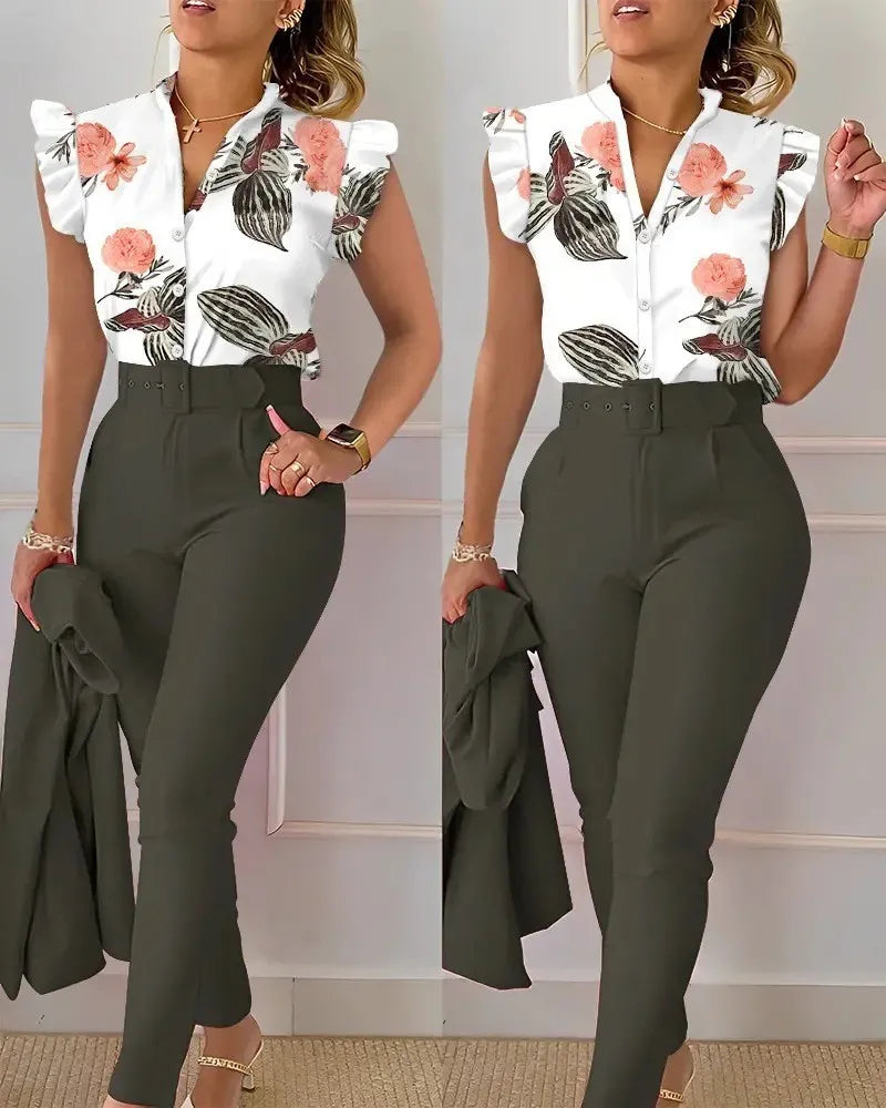 Two Piece Set Suits  Printed Ruffle Sleeve Top Solid Color Pants Set With Belt  Blouses