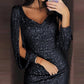 Women Sexy Dresses Glitter Sparkly Sequin Tassel Sleeves V Neck Club Mini Skinny Sundress Elegant Ladies Party Dresses