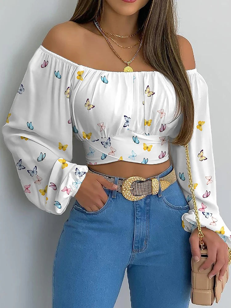 Off Shoulder Printing Blouse