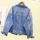 Denim Jacket Embroidery Three-dimensional Floral Jeans Jacket Beading Pearl Ripped Hole Bomber