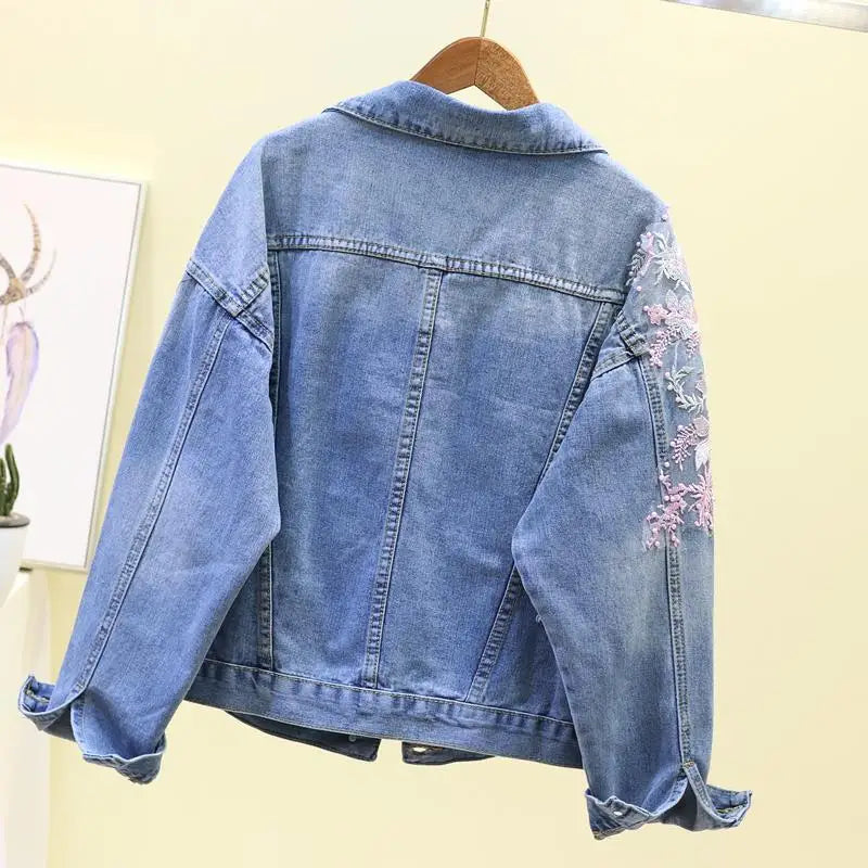 Denim Jacket Embroidery Three-dimensional Floral Jeans Jacket Beading Pearl Ripped Hole Bomber