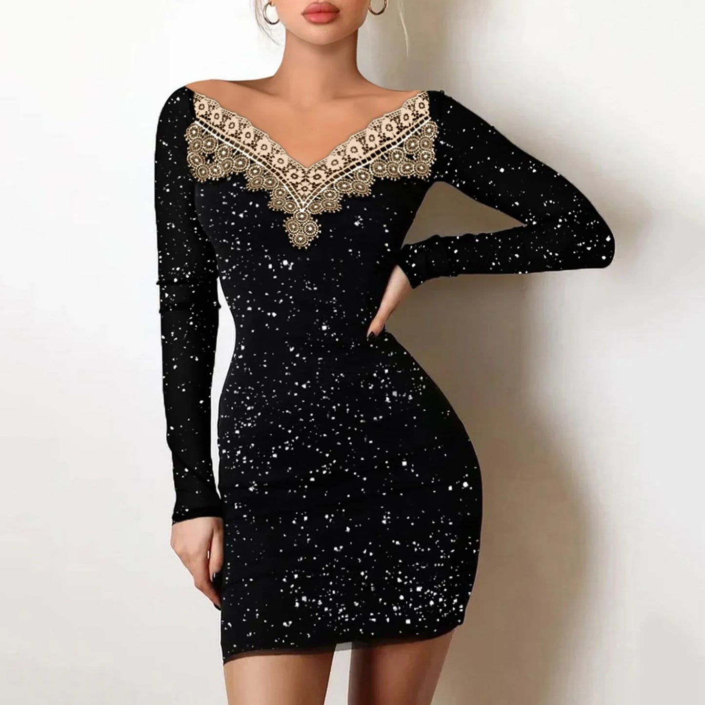 Women Dresses Elegant Mesh Patchwork Long Sleeves Glitter Shining Mini Sundress  Sexy Bodycon Black Party Dresses Vestidos