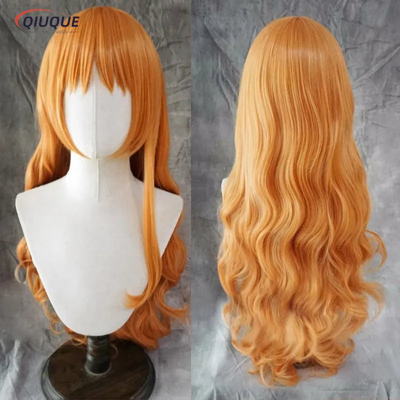 High Quality Adult Nami Cosplay Wig 75cm Long Curly Wavy Orange Heat Resistant Hair + Wig Cap